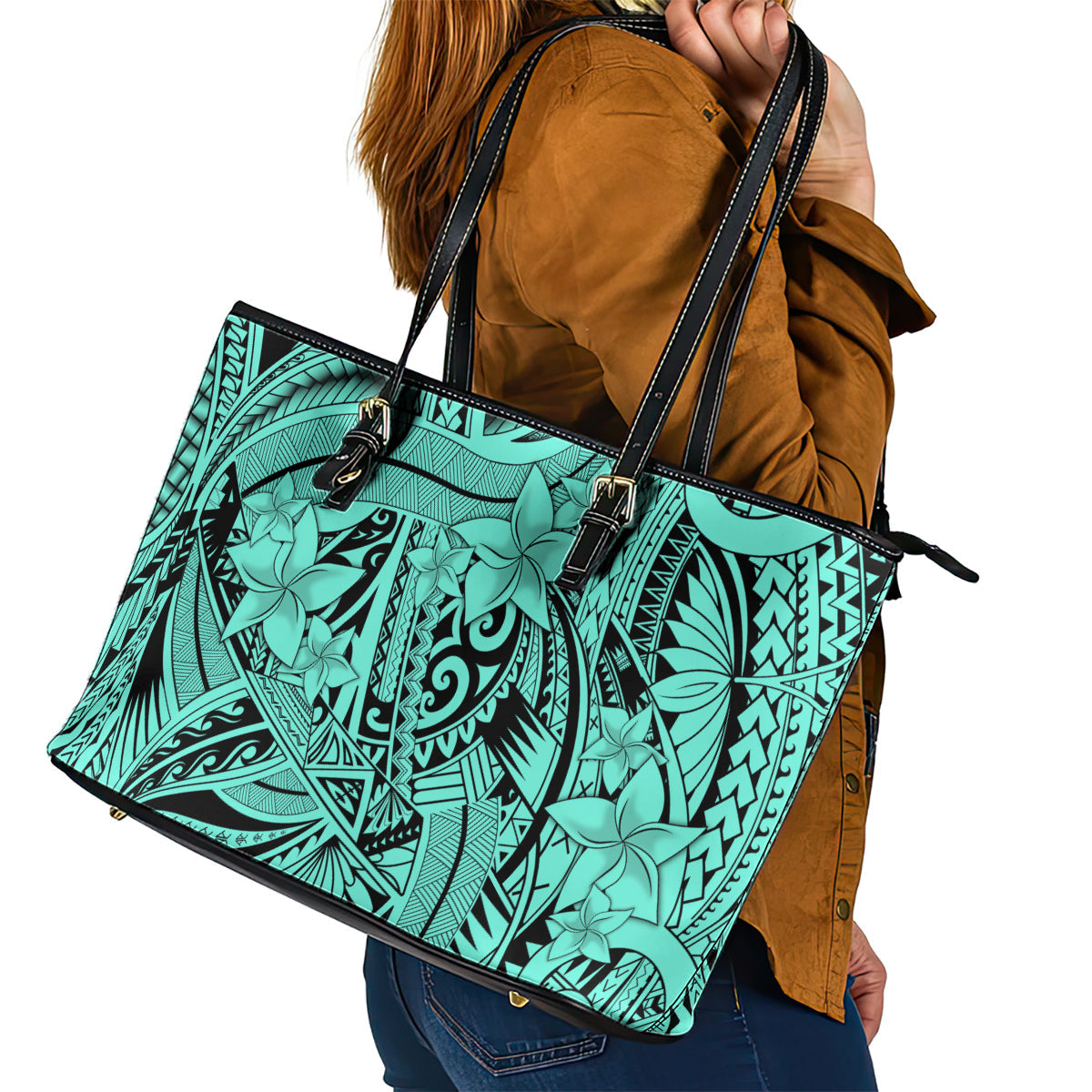 Polynesia Leather Tote Bag Tribal Polynesian Spirit With Teal Pacific Flowers LT9