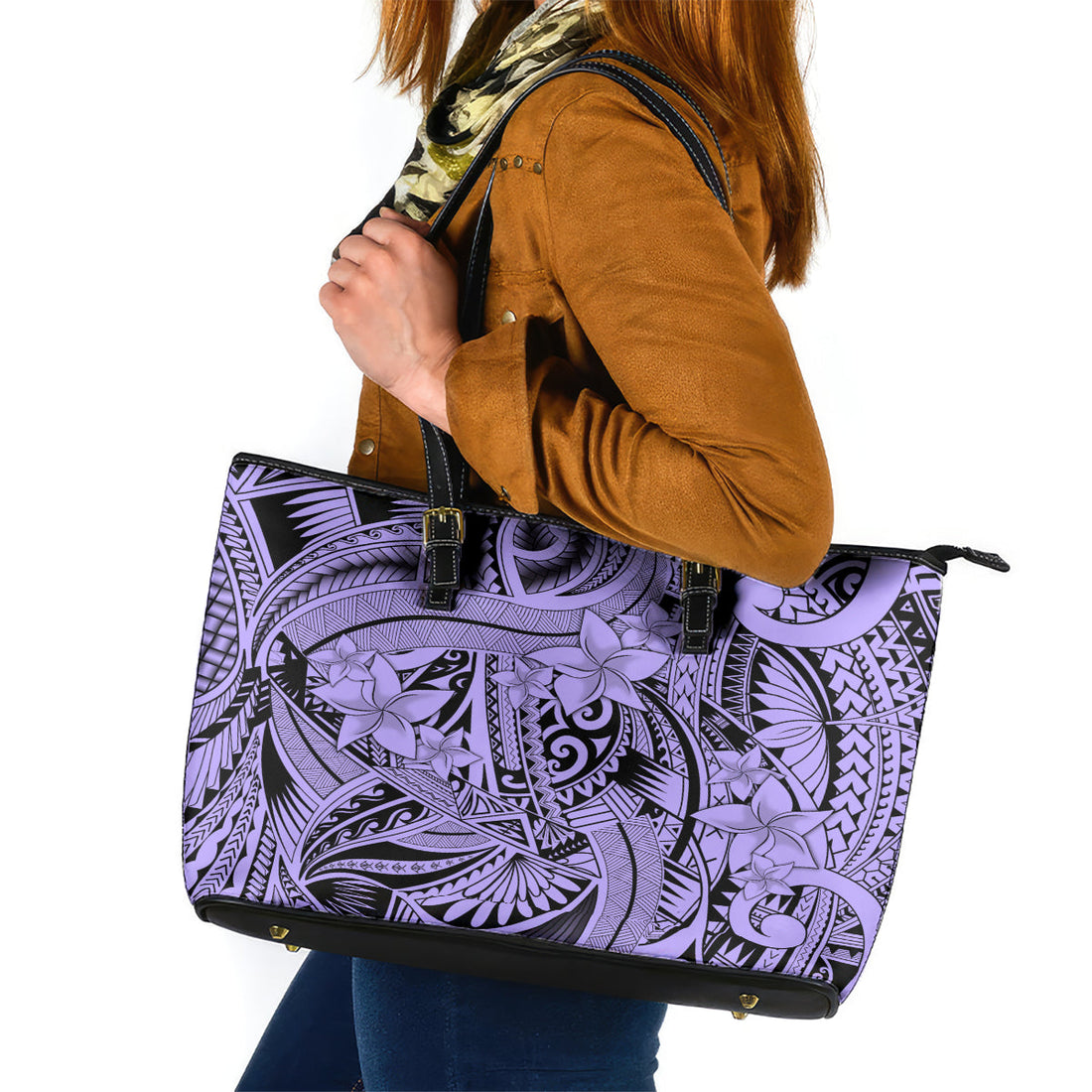 Polynesia Leather Tote Bag Tribal Polynesian Spirit With Violet Pacific Flowers LT9
