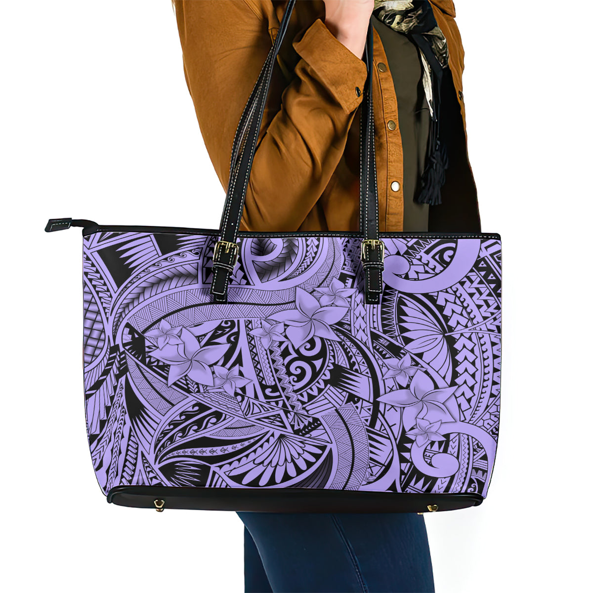Polynesia Leather Tote Bag Tribal Polynesian Spirit With Violet Pacific Flowers LT9