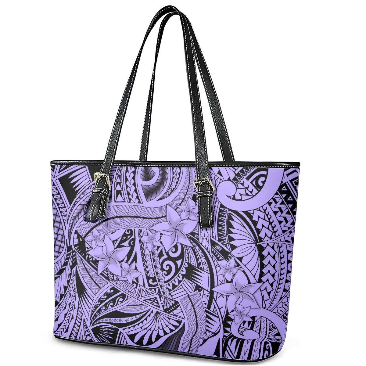 Polynesia Leather Tote Bag Tribal Polynesian Spirit With Violet Pacific Flowers LT9