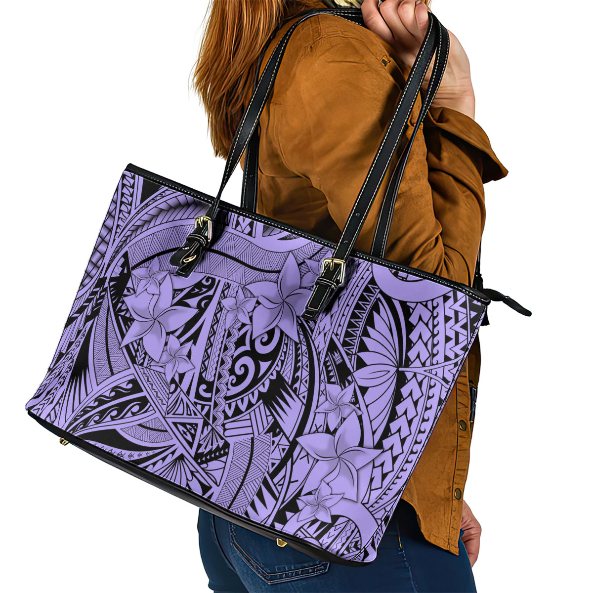 Polynesia Leather Tote Bag Tribal Polynesian Spirit With Violet Pacific Flowers LT9