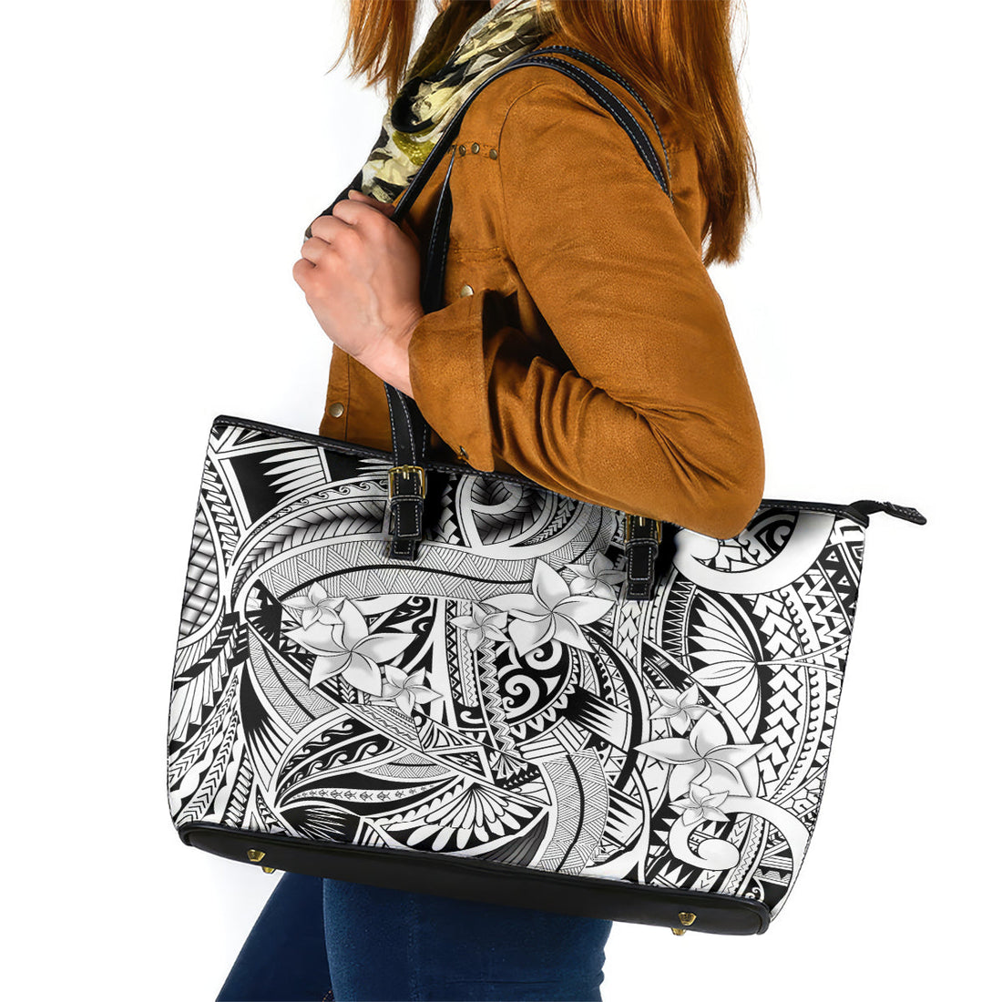 Polynesia Leather Tote Bag Tribal Polynesian Spirit With White Pacific Flowers LT9