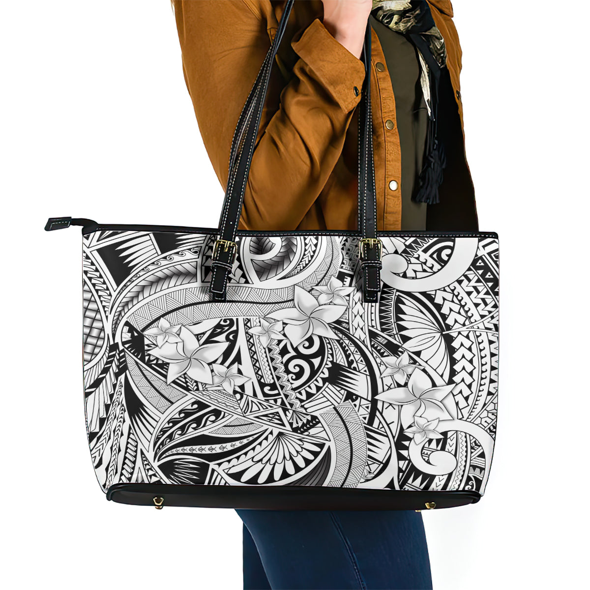 Polynesia Leather Tote Bag Tribal Polynesian Spirit With White Pacific Flowers LT9