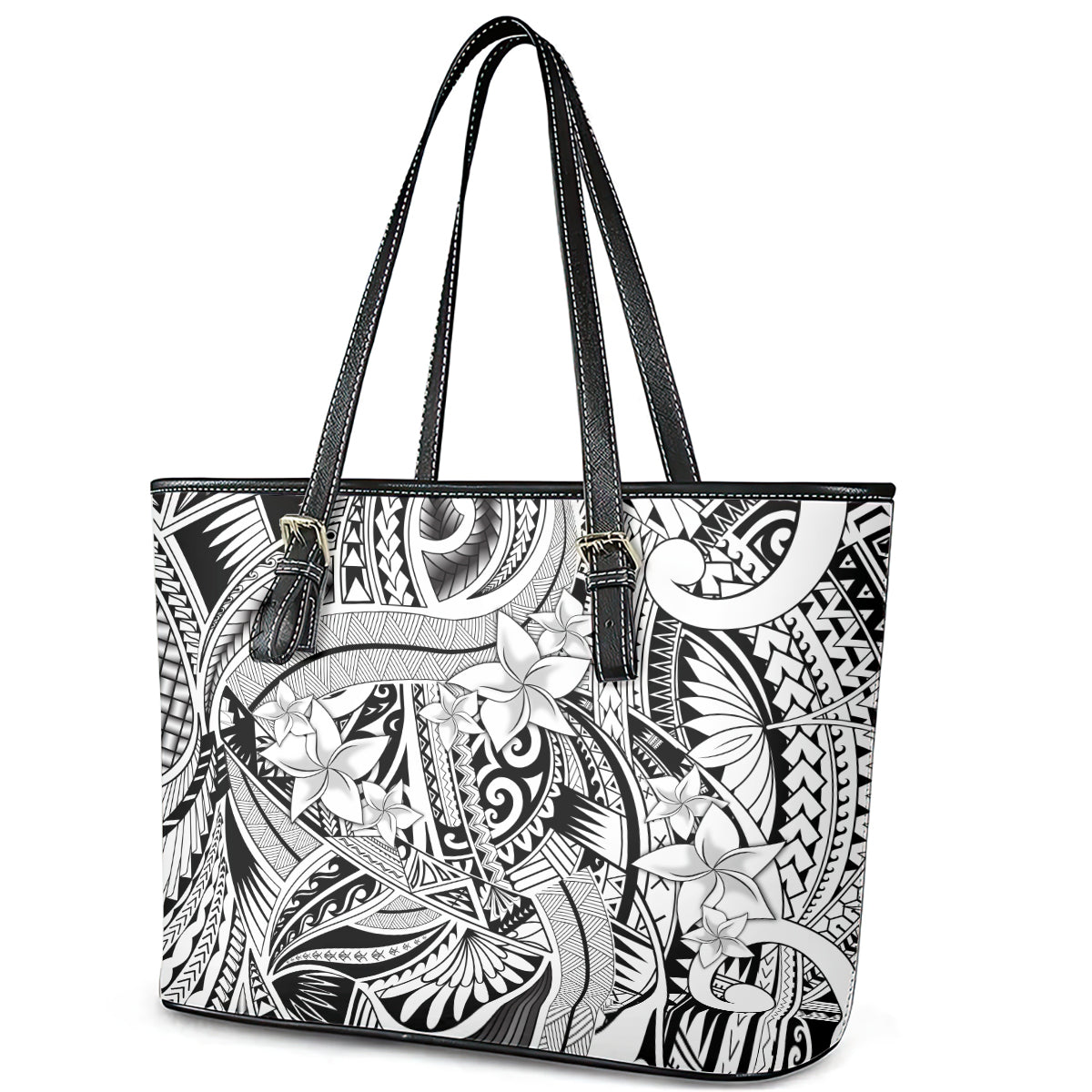 Polynesia Leather Tote Bag Tribal Polynesian Spirit With White Pacific Flowers LT9