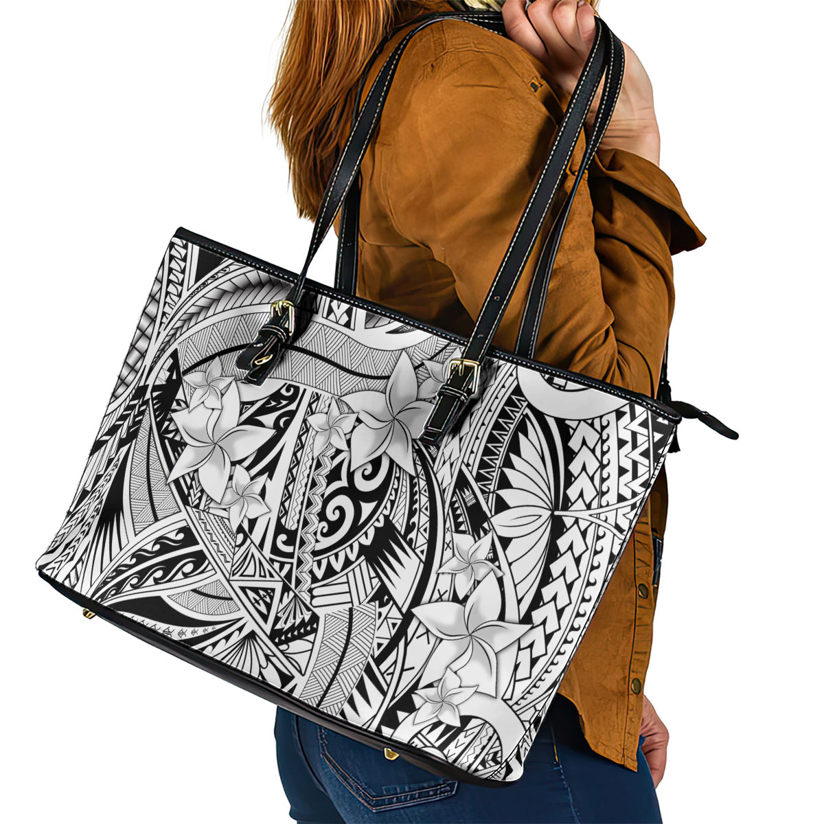 Polynesia Leather Tote Bag Tribal Polynesian Spirit With White Pacific Flowers LT9
