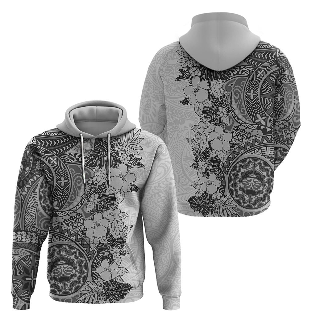 Polynesia Hoodie Hibiscus and Hawaiian Tribal Tattoo Retro Style Gray Color LT9