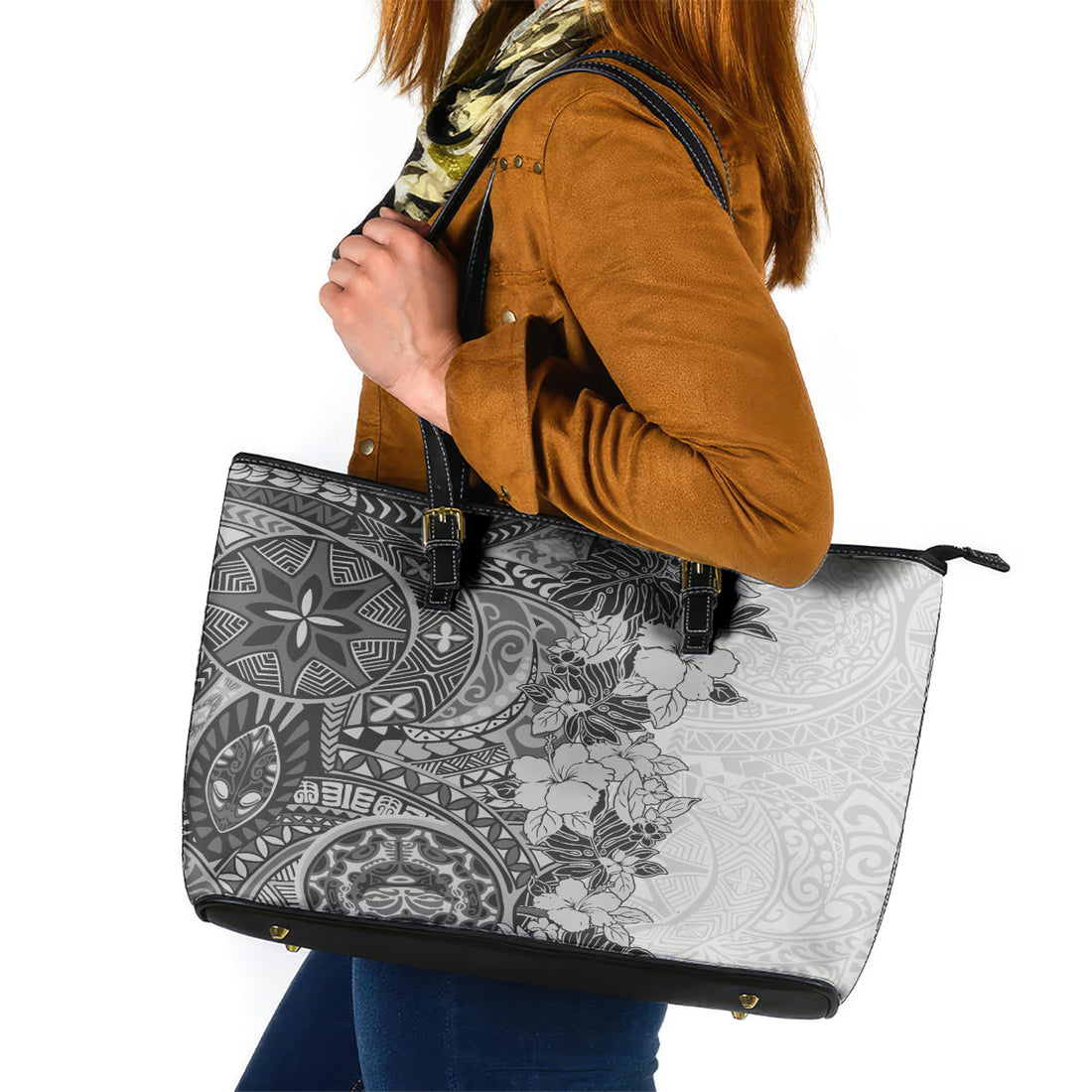 Polynesia Leather Tote Bag Hibiscus and Hawaiian Tribal Tattoo Retro Style Gray Color LT9