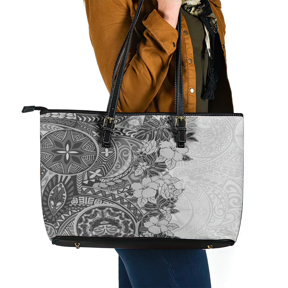 Polynesia Leather Tote Bag Hibiscus and Hawaiian Tribal Tattoo Retro Style Gray Color LT9
