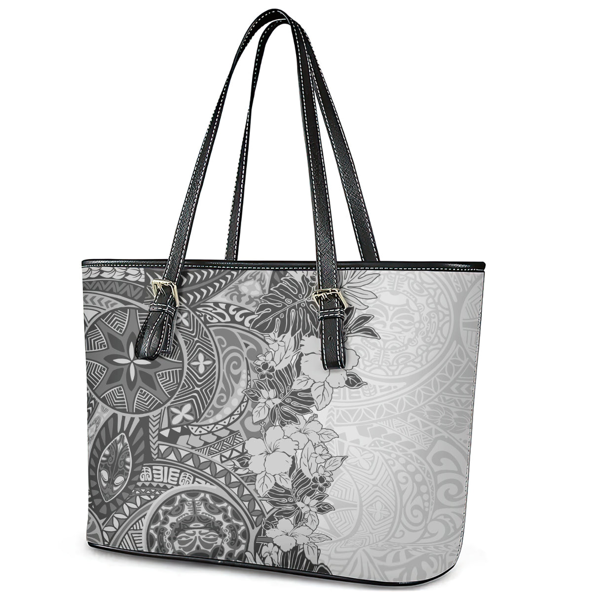 Polynesia Leather Tote Bag Hibiscus and Hawaiian Tribal Tattoo Retro Style Gray Color LT9