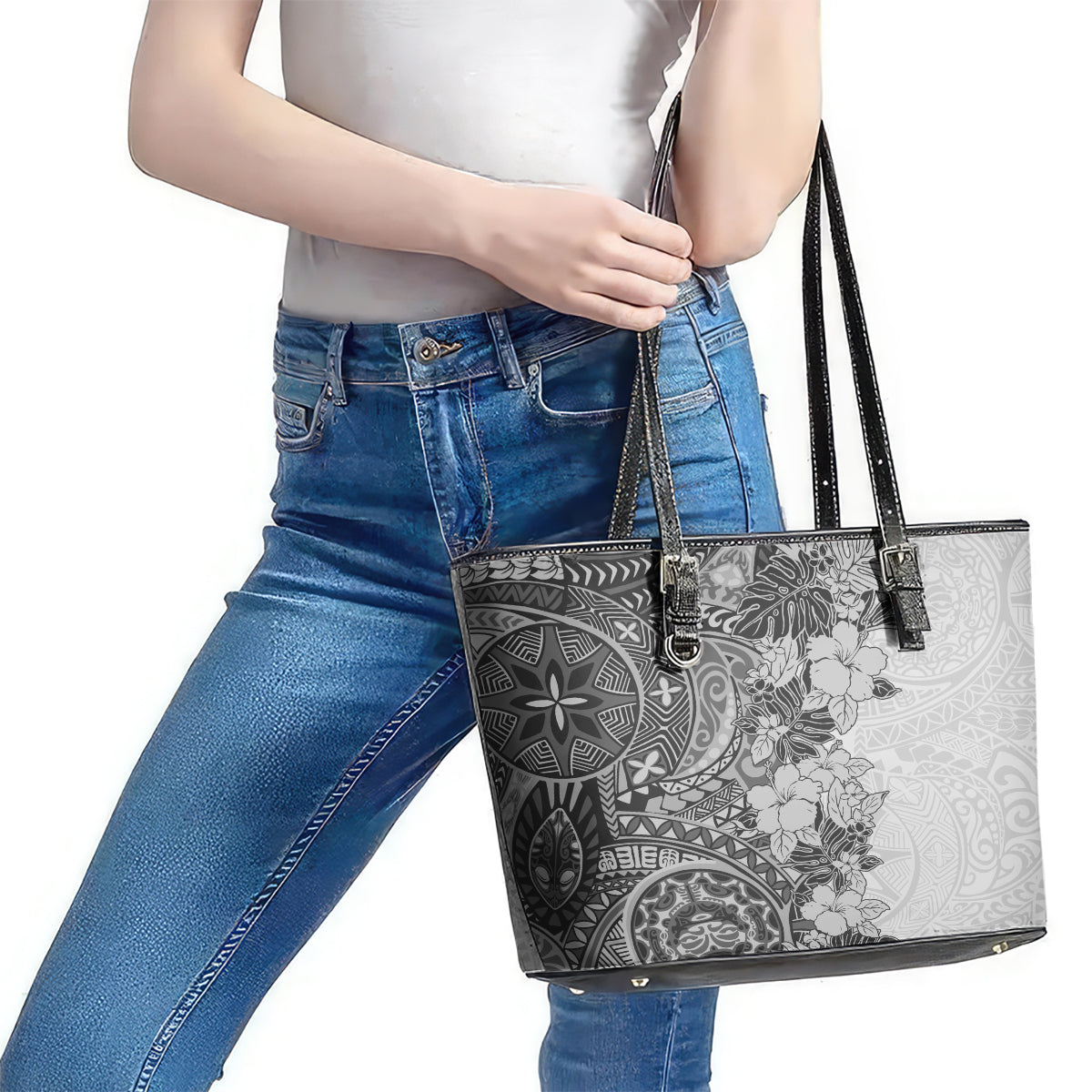 Polynesia Leather Tote Bag Hibiscus and Hawaiian Tribal Tattoo Retro Style Gray Color LT9