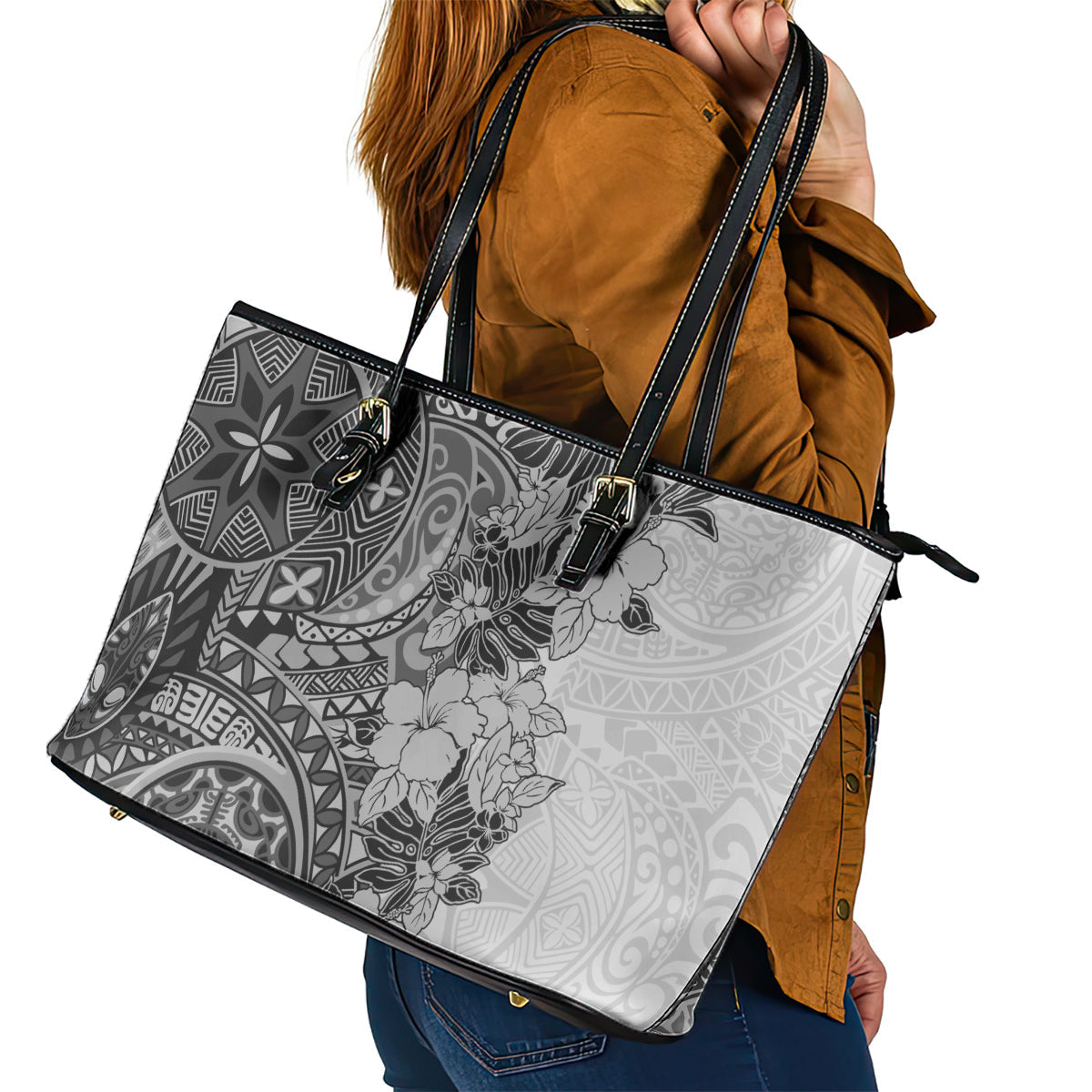 Polynesia Leather Tote Bag Hibiscus and Hawaiian Tribal Tattoo Retro Style Gray Color LT9