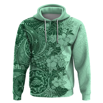 Polynesia Hoodie Hibiscus and Hawaiian Tribal Tattoo Retro Style Green Color LT9