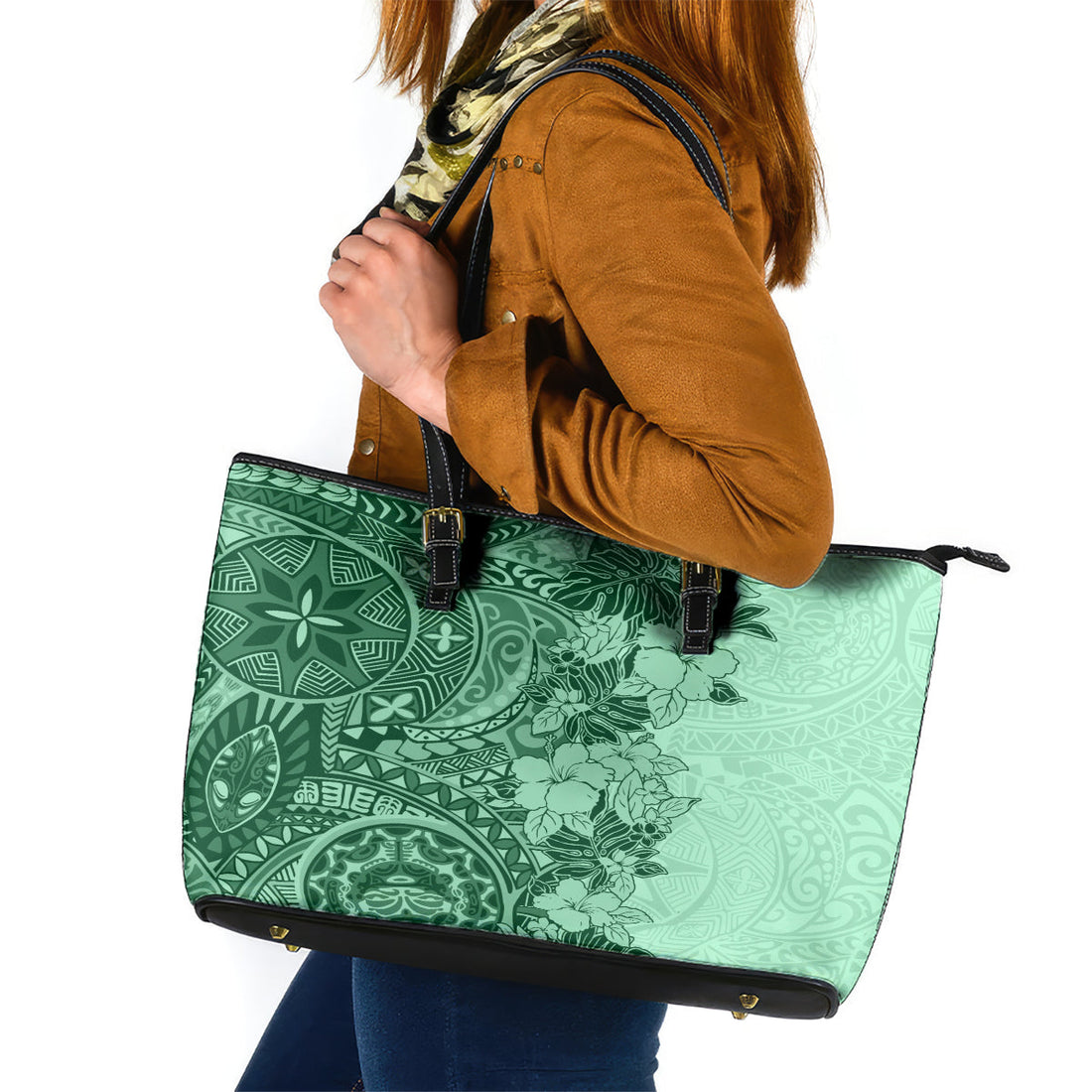 Polynesia Leather Tote Bag Hibiscus and Hawaiian Tribal Tattoo Retro Style Green Color LT9