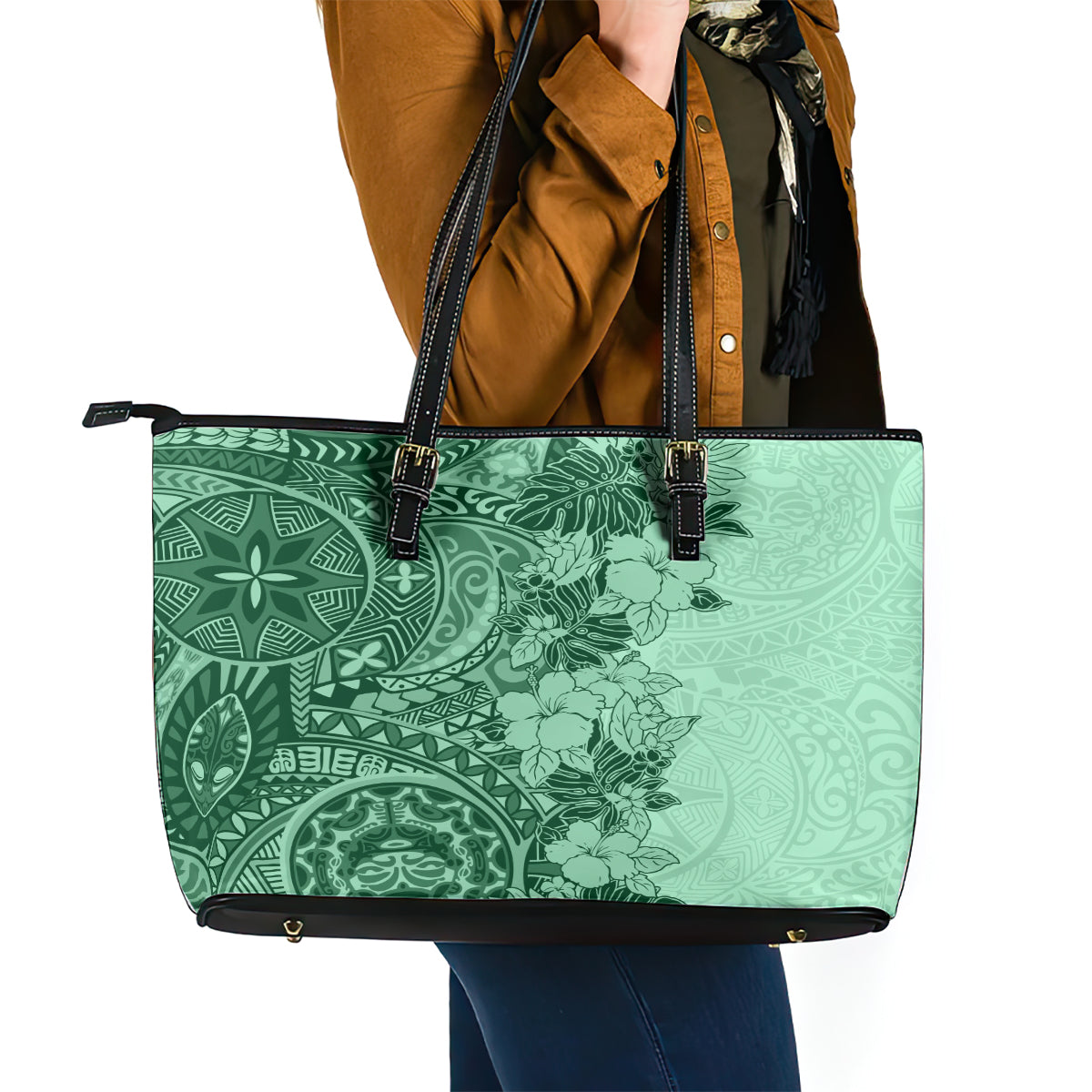 Polynesia Leather Tote Bag Hibiscus and Hawaiian Tribal Tattoo Retro Style Green Color LT9