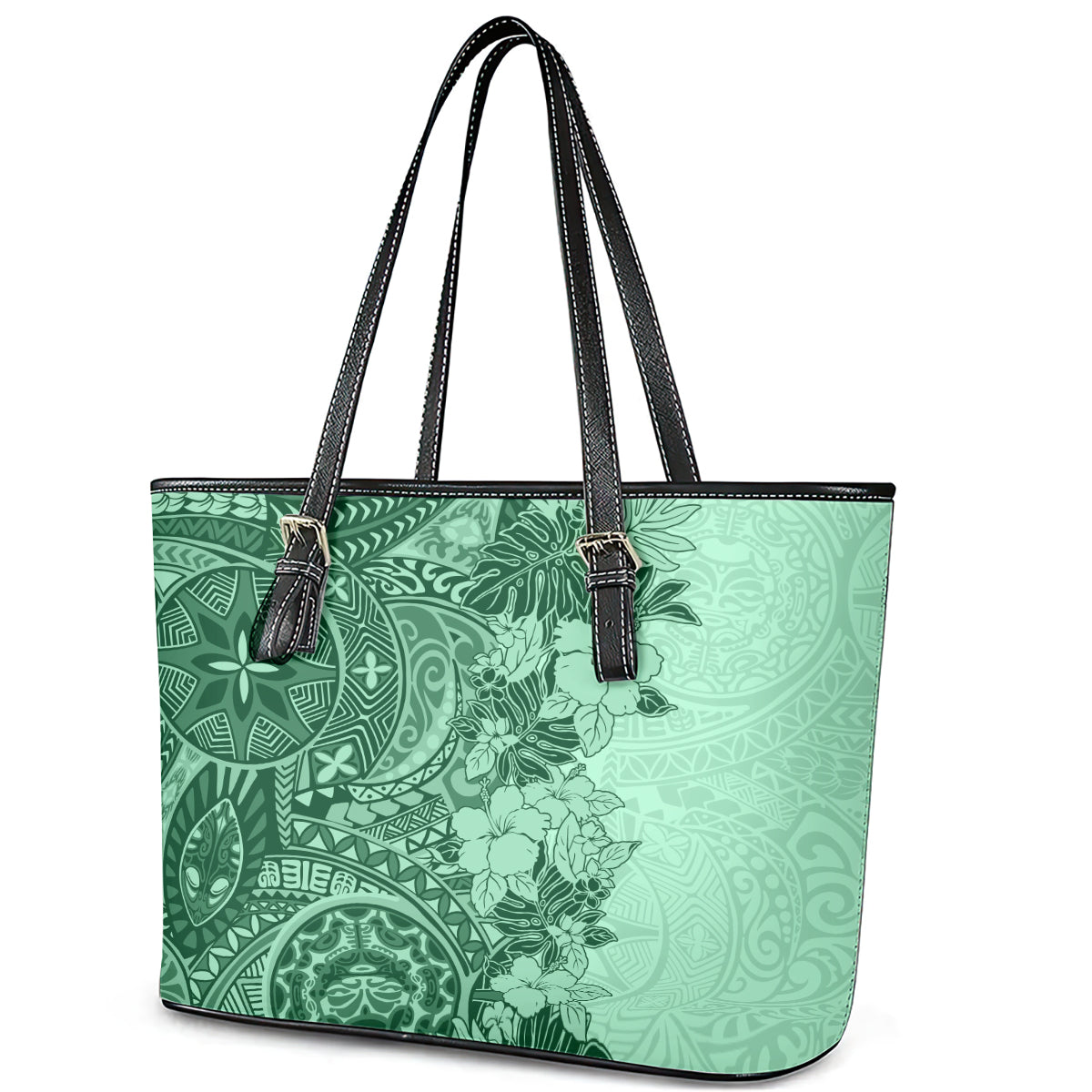 Polynesia Leather Tote Bag Hibiscus and Hawaiian Tribal Tattoo Retro Style Green Color LT9