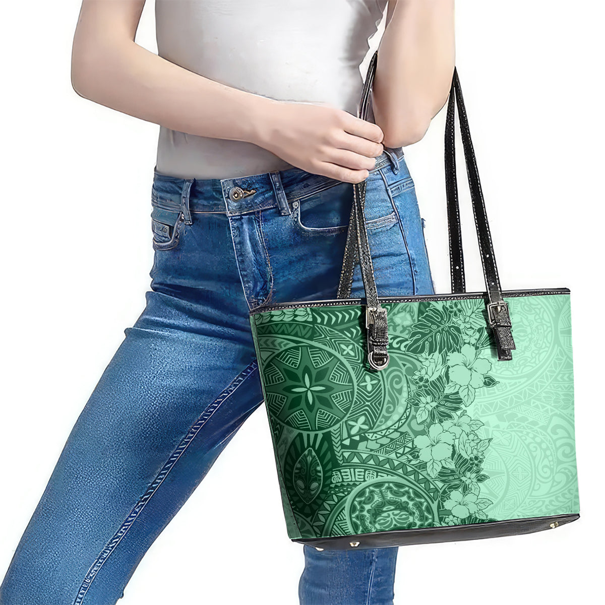 Polynesia Leather Tote Bag Hibiscus and Hawaiian Tribal Tattoo Retro Style Green Color LT9