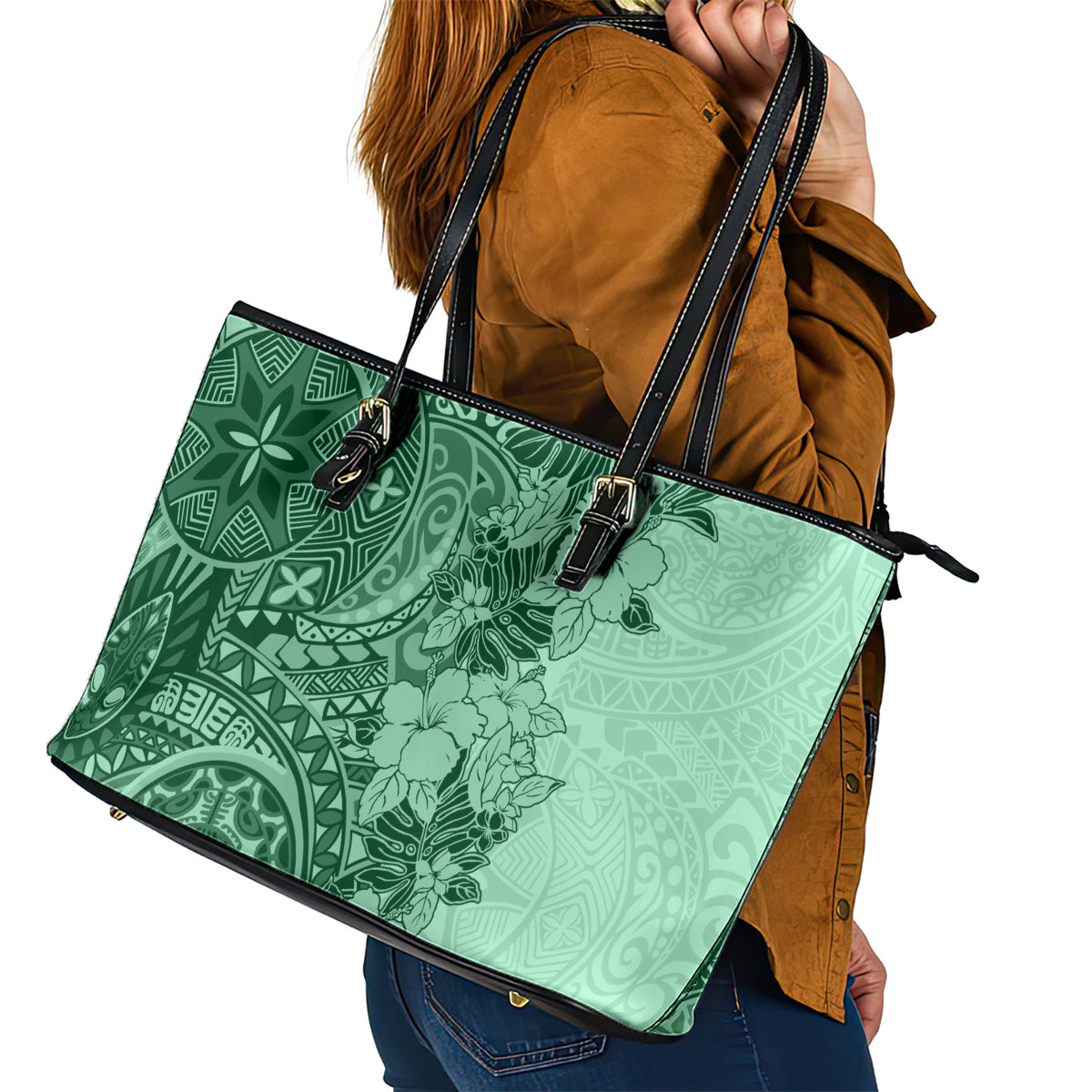 Polynesia Leather Tote Bag Hibiscus and Hawaiian Tribal Tattoo Retro Style Green Color LT9