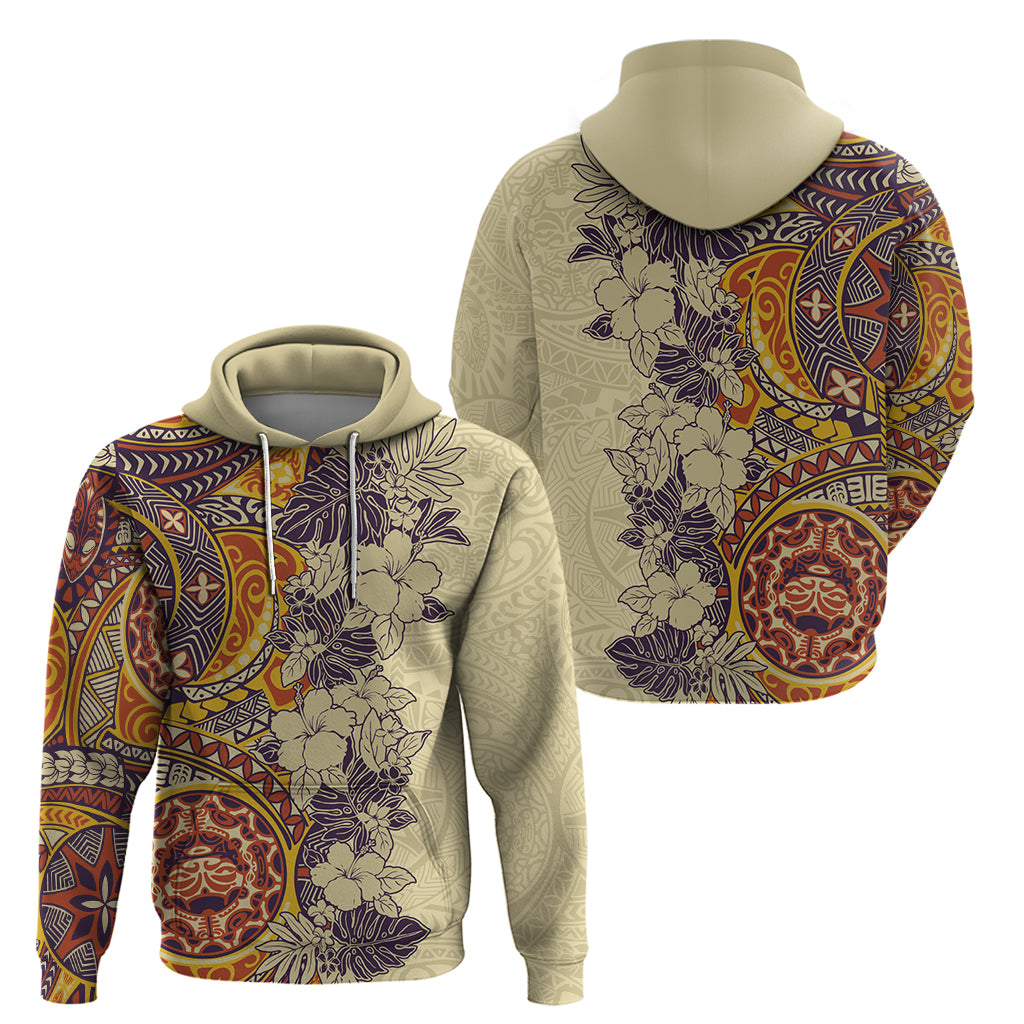 Polynesia Hoodie Hibiscus and Hawaiian Tribal Tattoo Retro Style Tan Color LT9