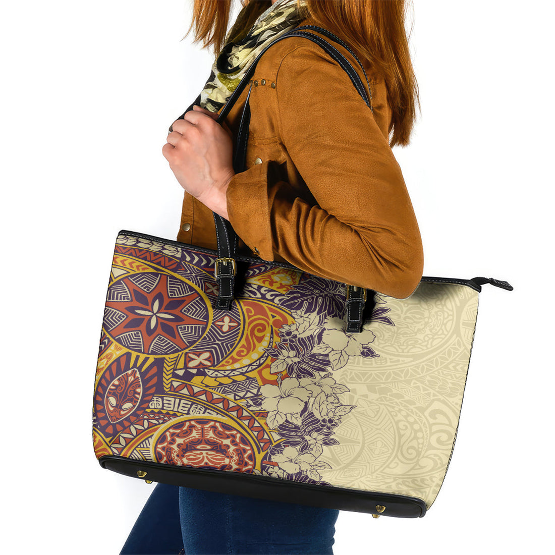 Polynesia Leather Tote Bag Hibiscus and Hawaiian Tribal Tattoo Retro Style Tan Color LT9