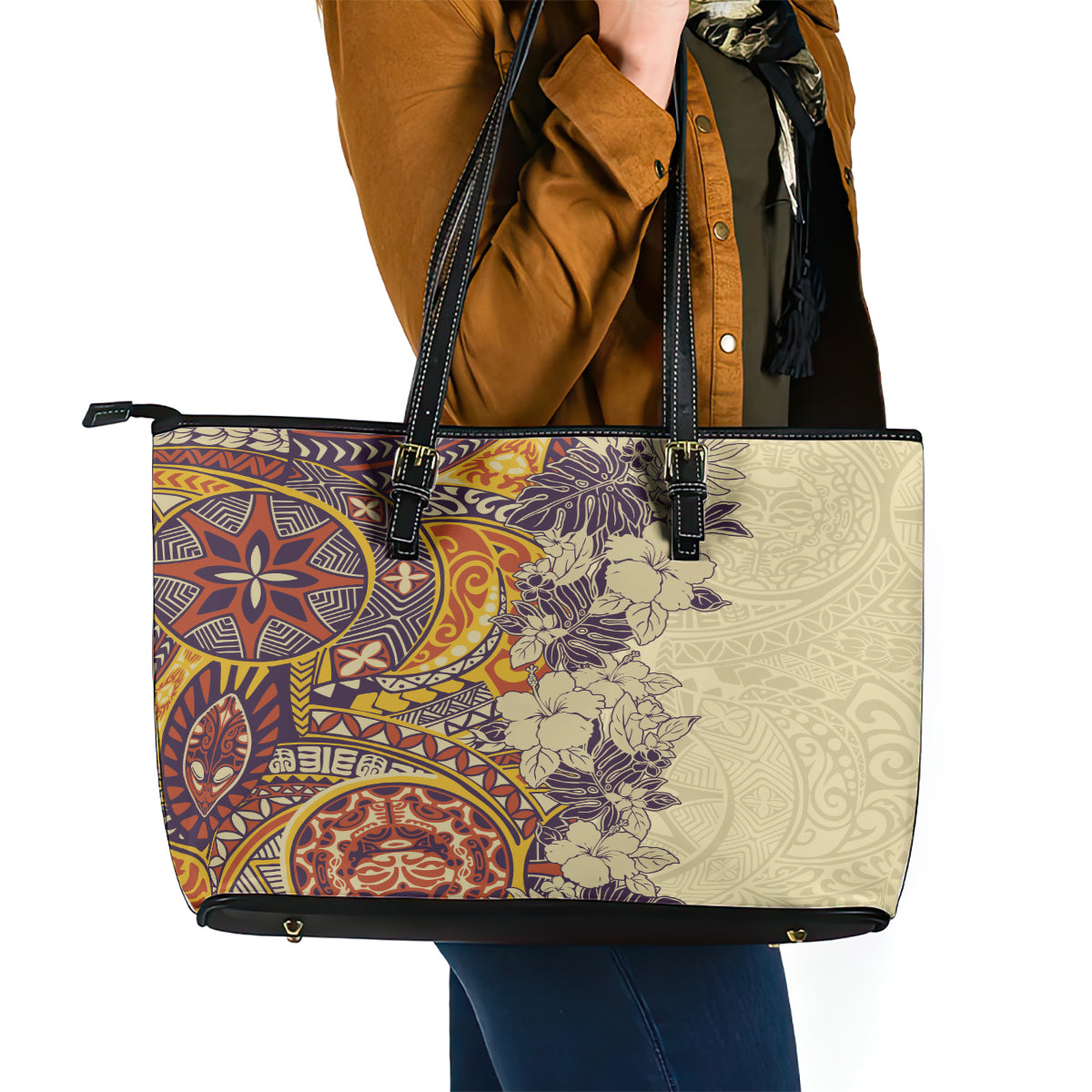 Polynesia Leather Tote Bag Hibiscus and Hawaiian Tribal Tattoo Retro Style Tan Color LT9