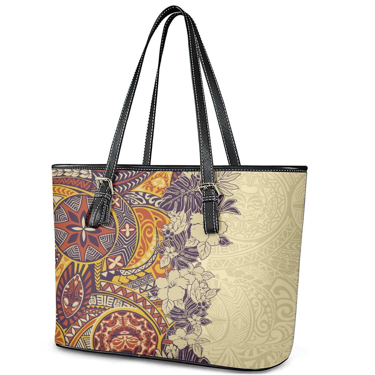 Polynesia Leather Tote Bag Hibiscus and Hawaiian Tribal Tattoo Retro Style Tan Color LT9