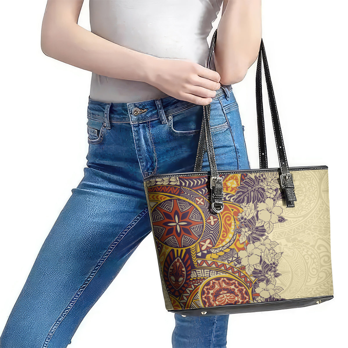 Polynesia Leather Tote Bag Hibiscus and Hawaiian Tribal Tattoo Retro Style Tan Color LT9