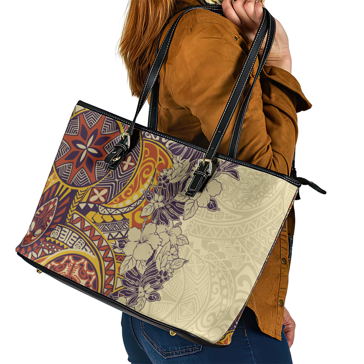 Polynesia Leather Tote Bag Hibiscus and Hawaiian Tribal Tattoo Retro Style Tan Color LT9
