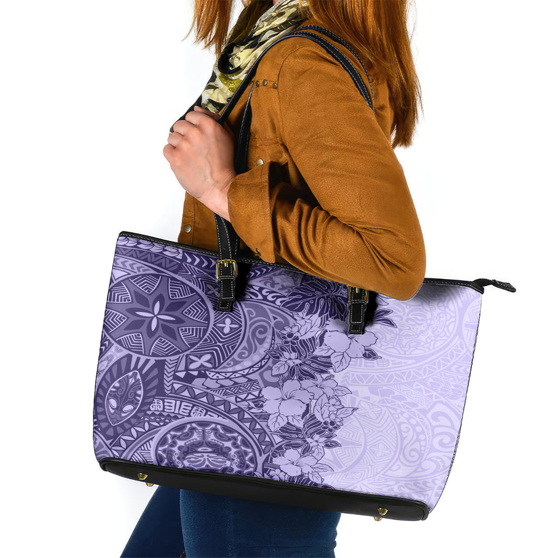 Polynesia Leather Tote Bag Hibiscus and Hawaiian Tribal Tattoo Retro Style Violet Color LT9
