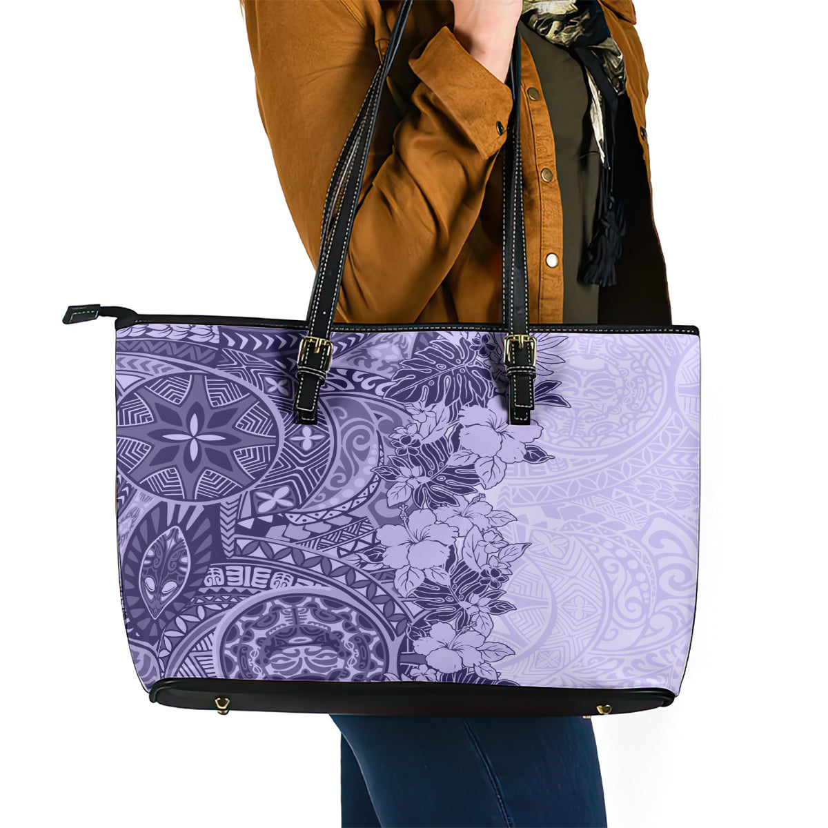 Polynesia Leather Tote Bag Hibiscus and Hawaiian Tribal Tattoo Retro Style Violet Color LT9