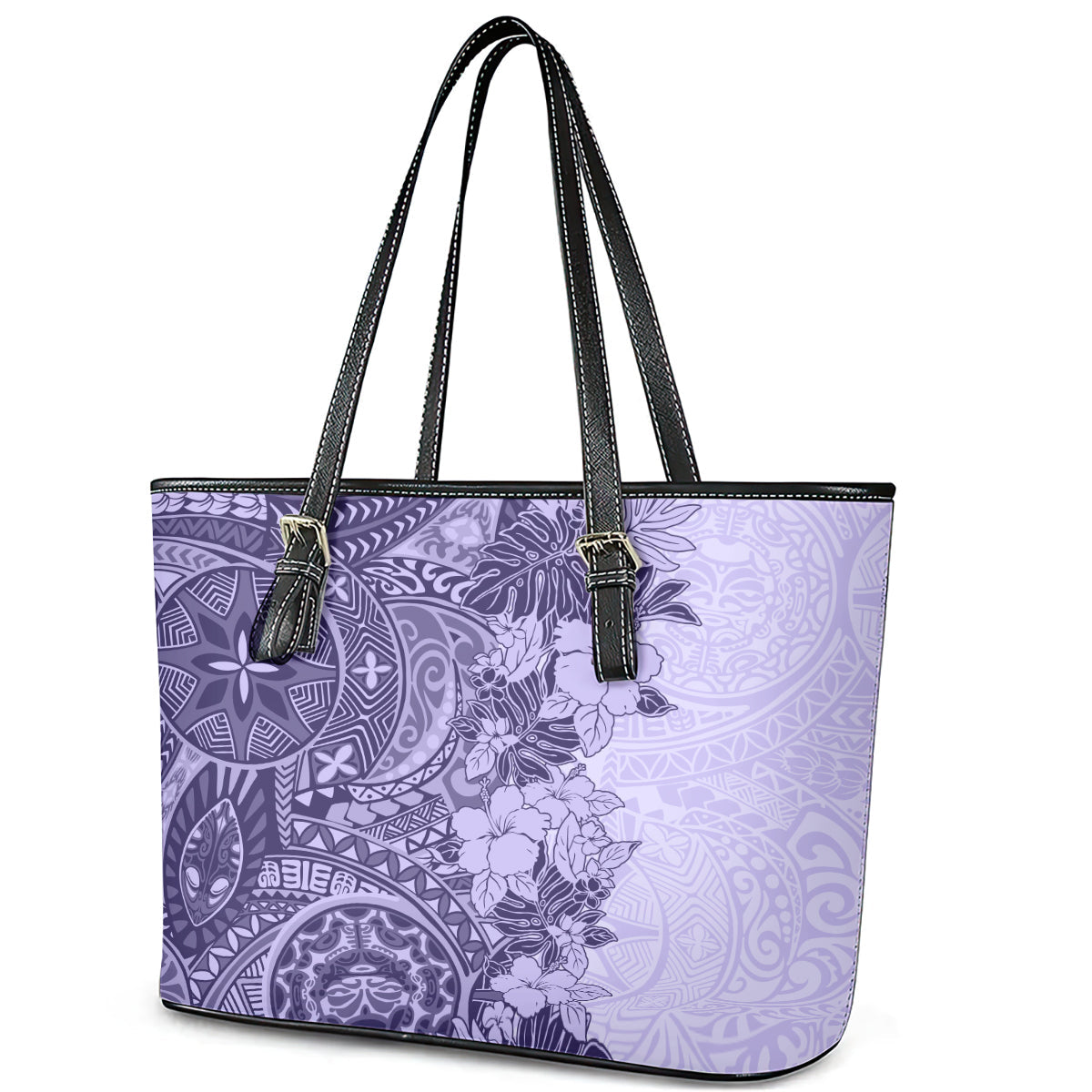 Polynesia Leather Tote Bag Hibiscus and Hawaiian Tribal Tattoo Retro Style Violet Color LT9