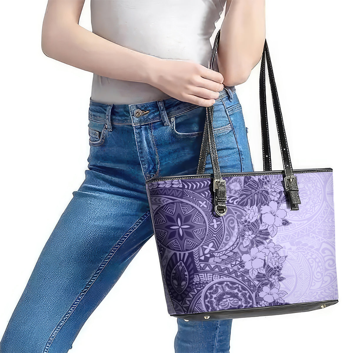 Polynesia Leather Tote Bag Hibiscus and Hawaiian Tribal Tattoo Retro Style Violet Color LT9