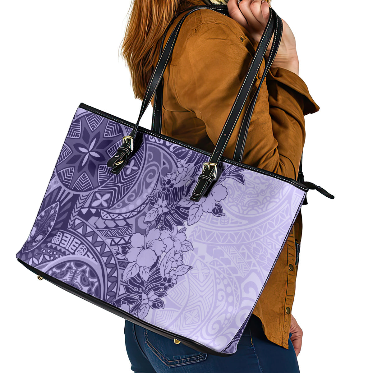 Polynesia Leather Tote Bag Hibiscus and Hawaiian Tribal Tattoo Retro Style Violet Color LT9