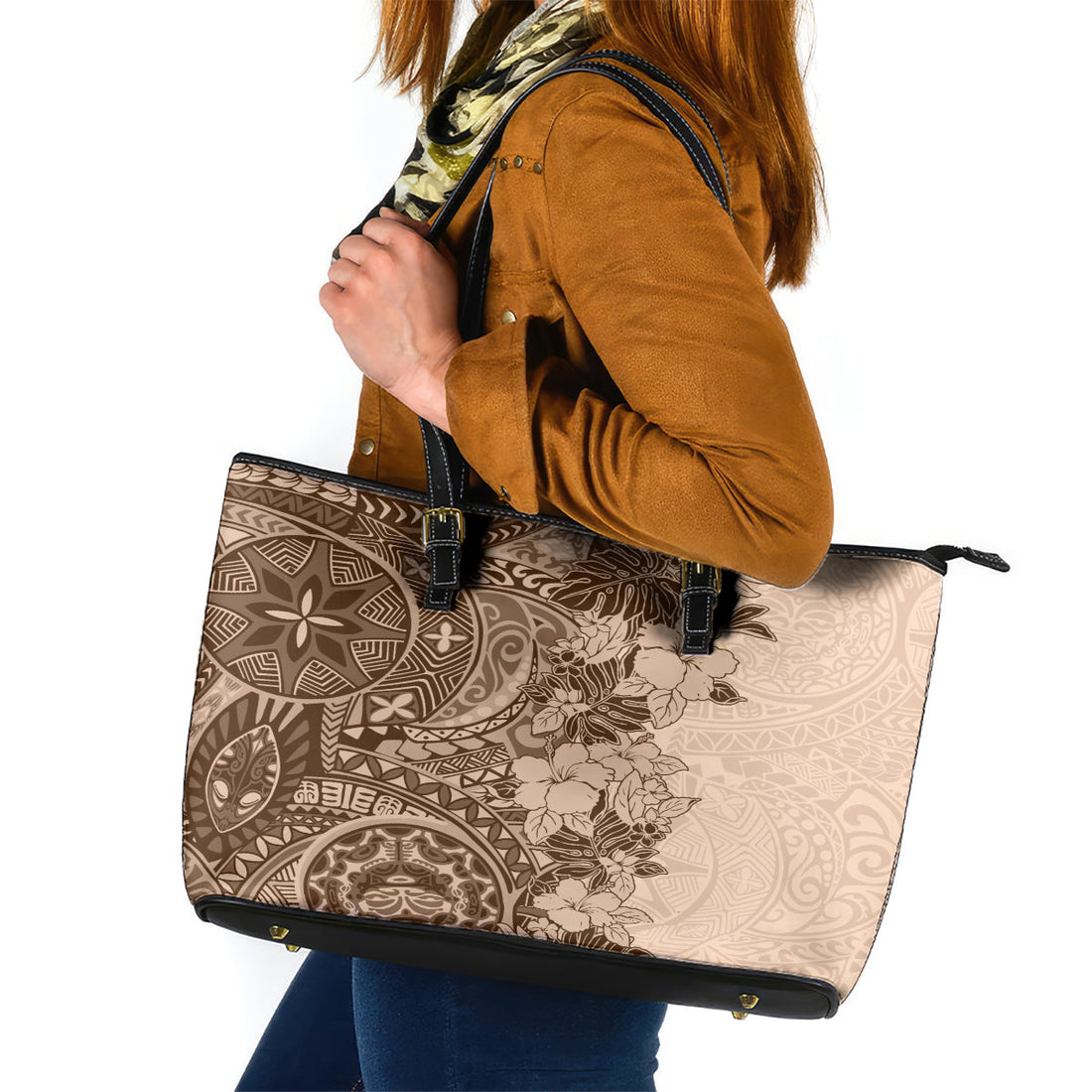 Polynesia Leather Tote Bag Hibiscus and Hawaiian Tribal Tattoo Retro Style Pink Pastel LT9