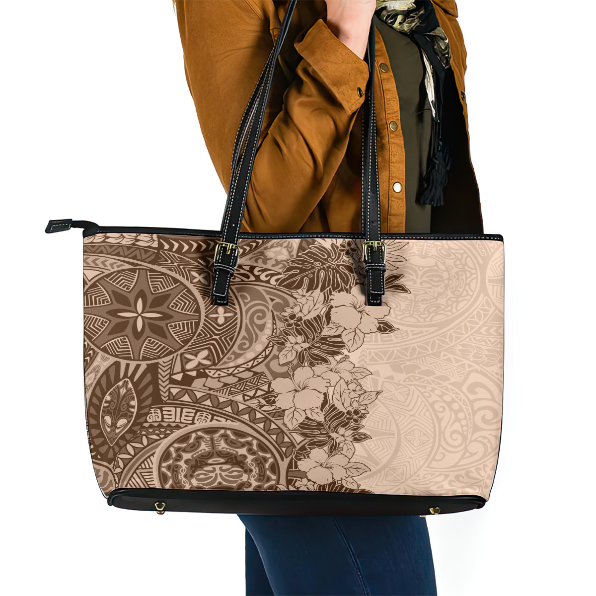 Polynesia Leather Tote Bag Hibiscus and Hawaiian Tribal Tattoo Retro Style Pink Pastel LT9