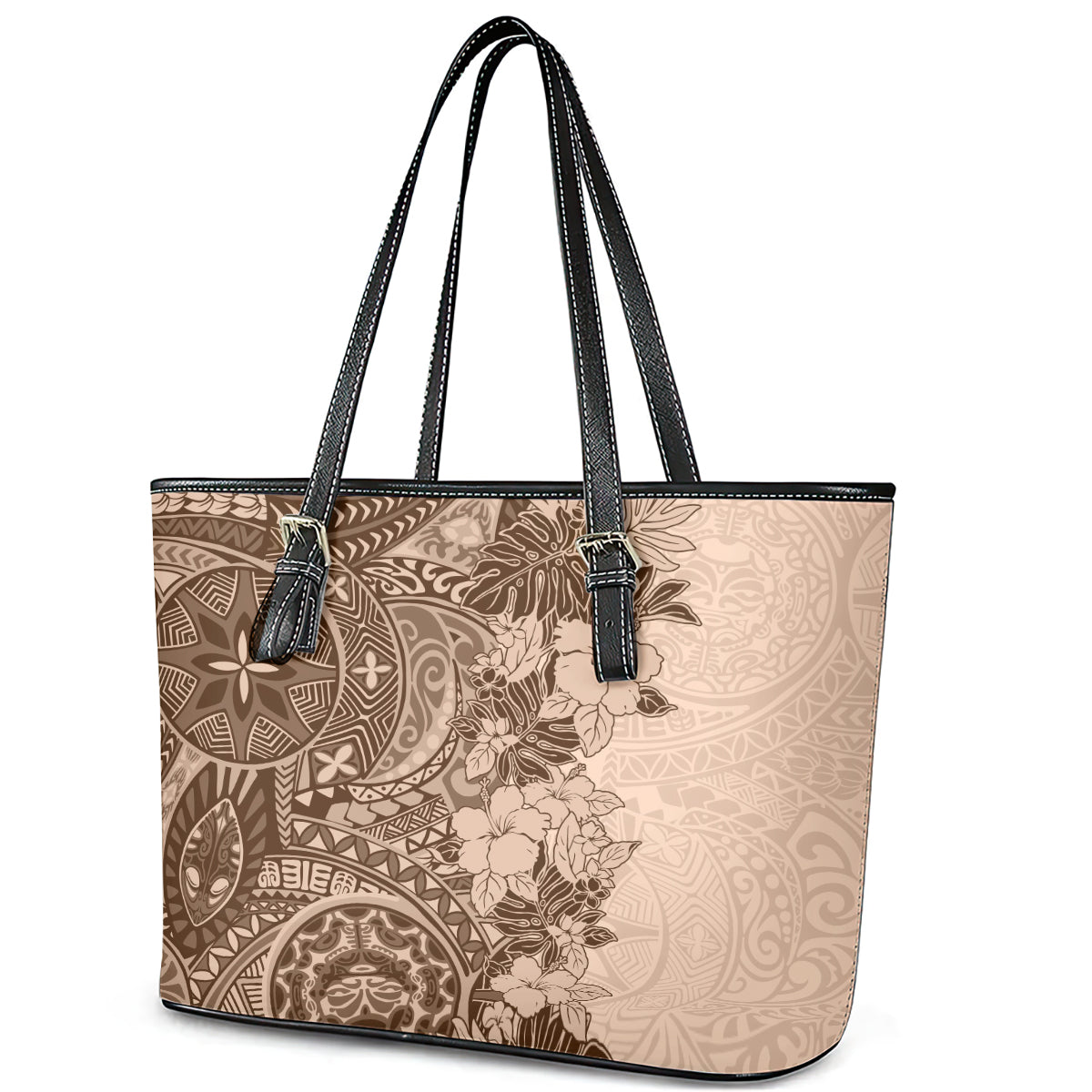 Polynesia Leather Tote Bag Hibiscus and Hawaiian Tribal Tattoo Retro Style Pink Pastel LT9