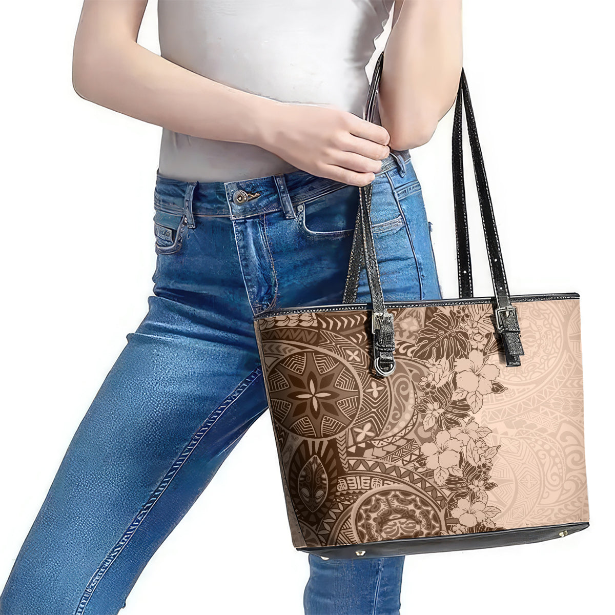 Polynesia Leather Tote Bag Hibiscus and Hawaiian Tribal Tattoo Retro Style Pink Pastel LT9