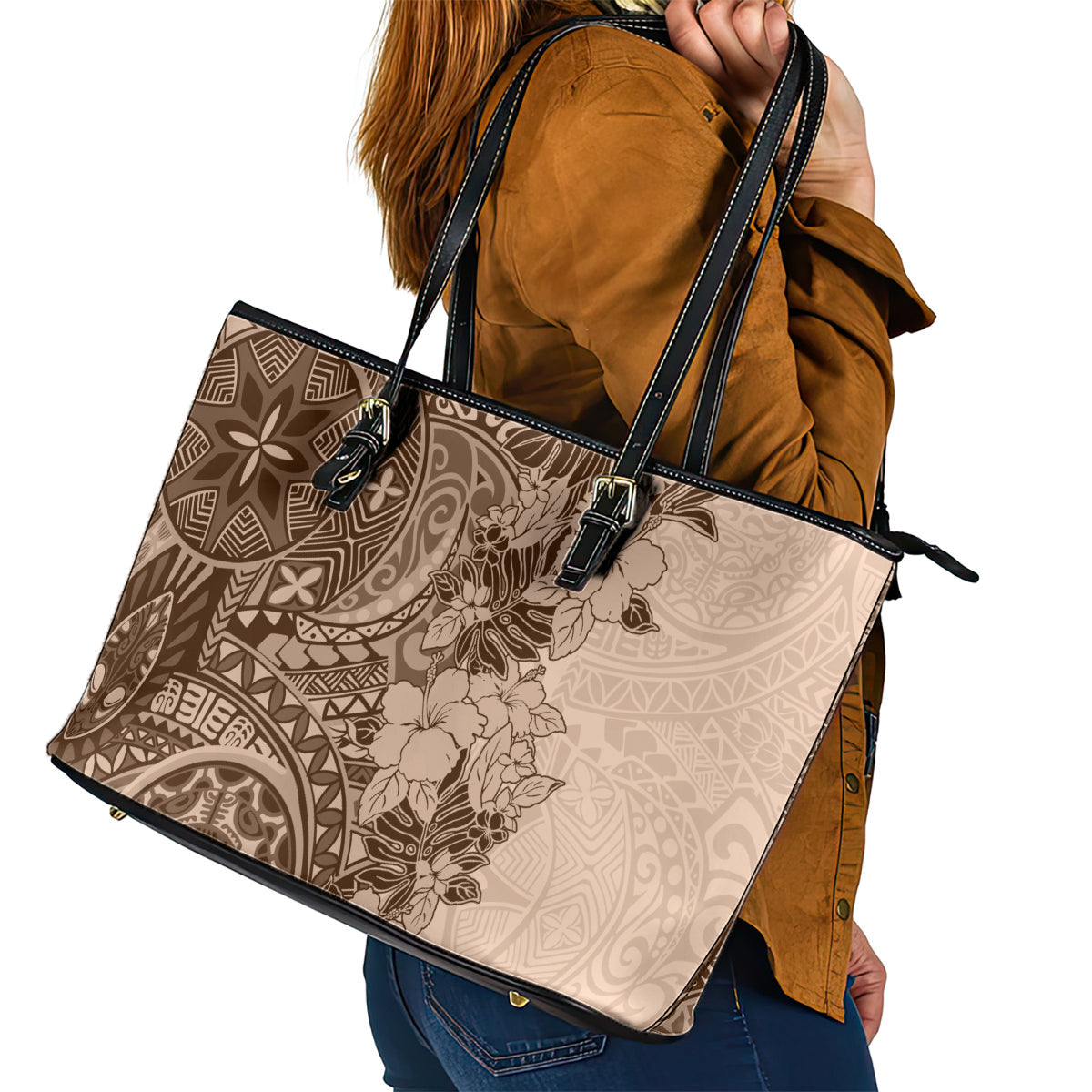 Polynesia Leather Tote Bag Hibiscus and Hawaiian Tribal Tattoo Retro Style Pink Pastel LT9
