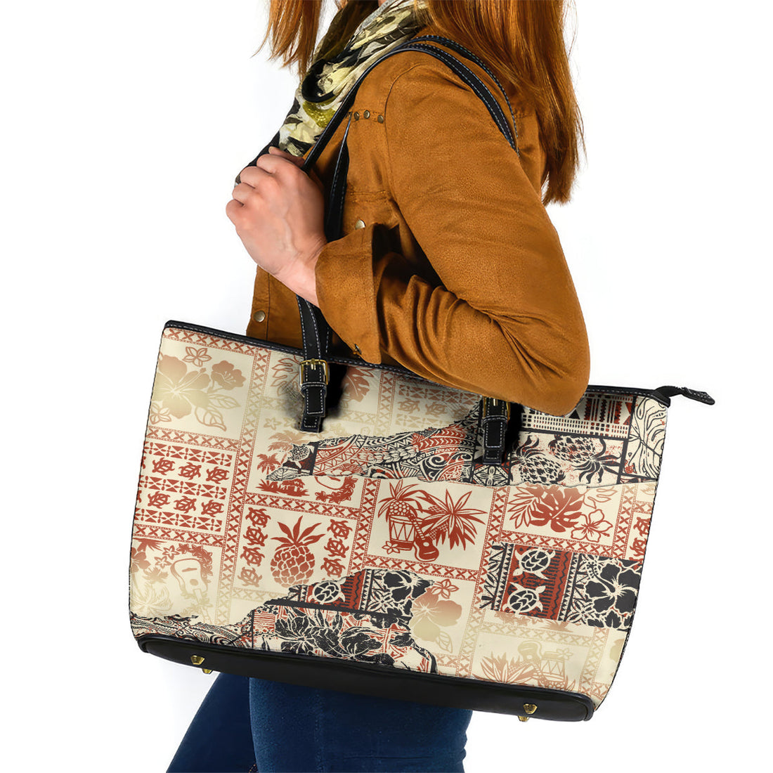 Hawaii Leather Tote Bag Aloha Tribal Pattern Beige Version LT9