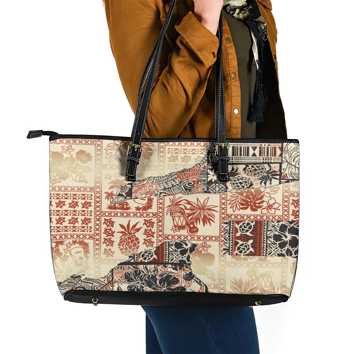 Hawaii Leather Tote Bag Aloha Tribal Pattern Beige Version LT9