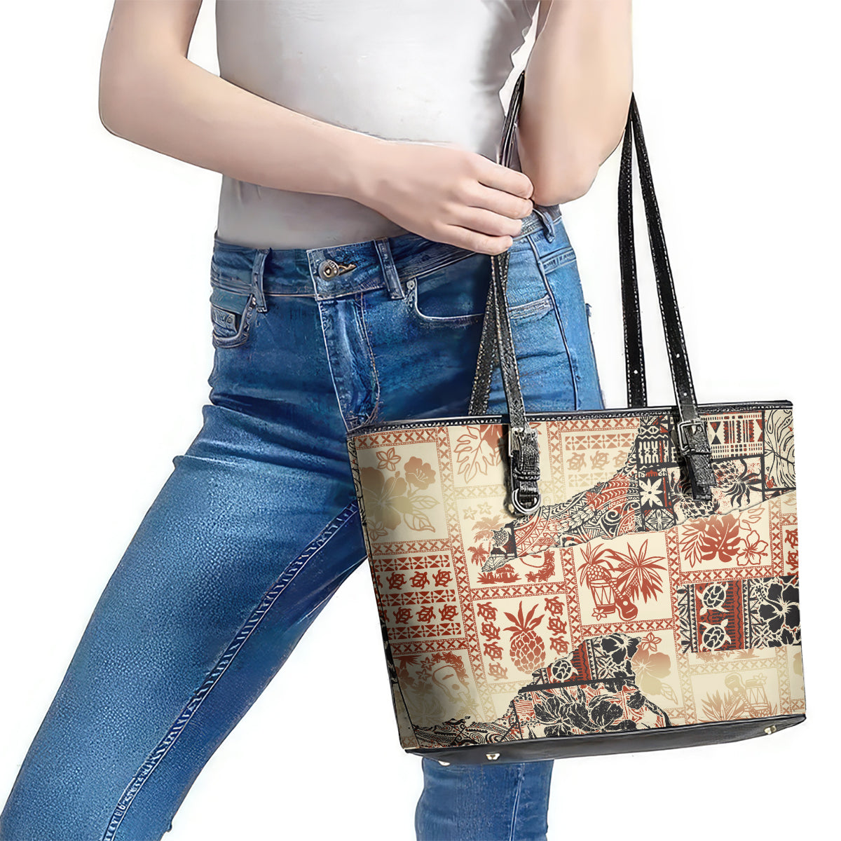 Hawaii Leather Tote Bag Aloha Tribal Pattern Beige Version LT9
