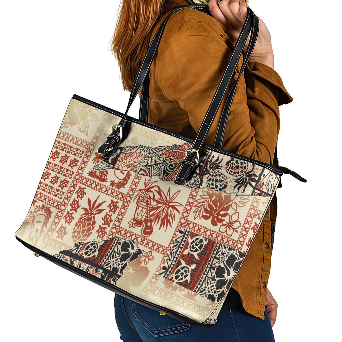 Hawaii Leather Tote Bag Aloha Tribal Pattern Beige Version LT9