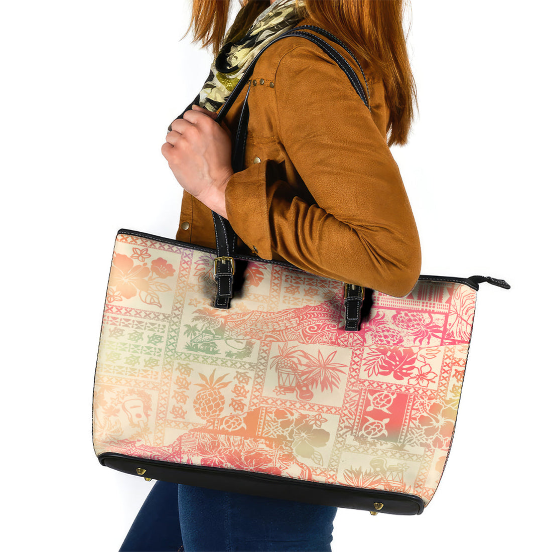 Hawaii Leather Tote Bag Aloha Tribal Pattern Sweat Pink Ombre LT9