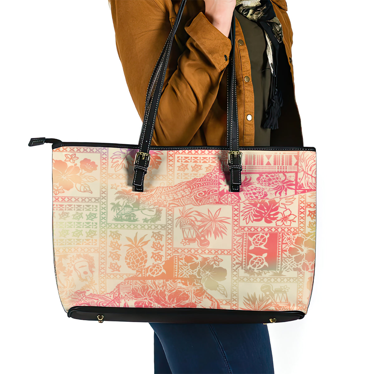 Hawaii Leather Tote Bag Aloha Tribal Pattern Sweat Pink Ombre LT9