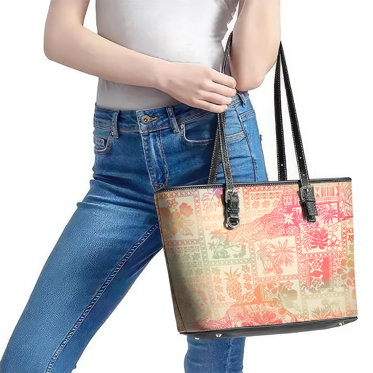 Hawaii Leather Tote Bag Aloha Tribal Pattern Sweat Pink Ombre LT9