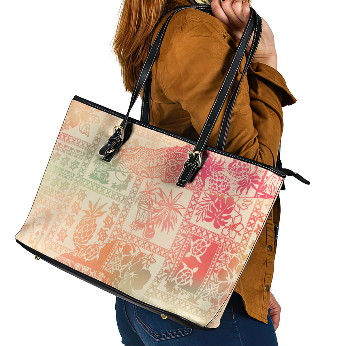 Hawaii Leather Tote Bag Aloha Tribal Pattern Sweat Pink Ombre LT9