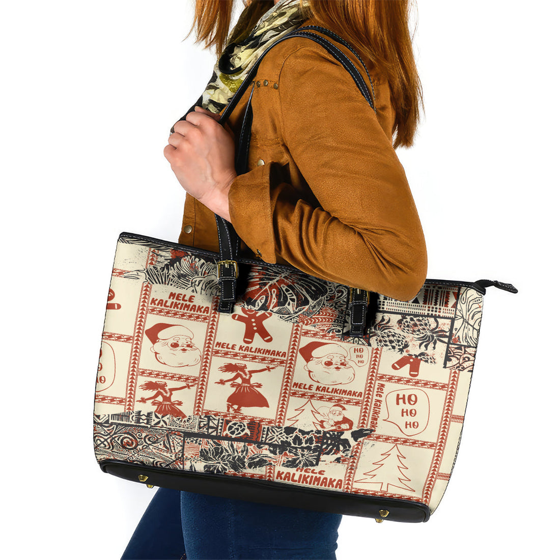 Aloha Hawaii Christmas Leather Tote Bag Mele Kalikimaka Tapa Tribal Retro Style LT9