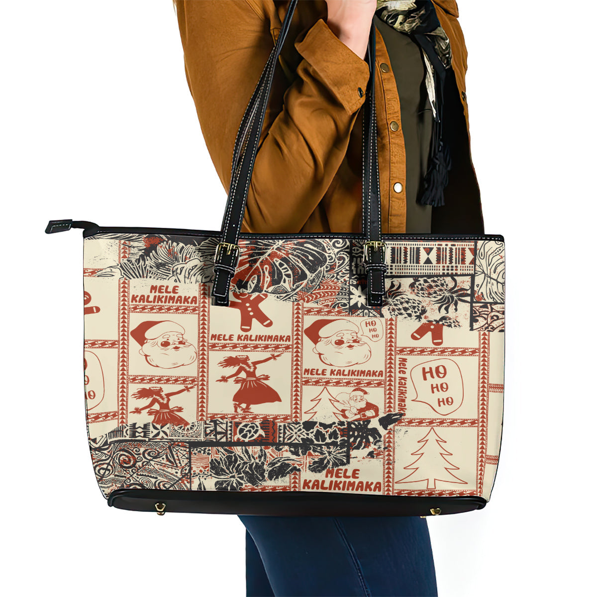 Aloha Hawaii Christmas Leather Tote Bag Mele Kalikimaka Tapa Tribal Retro Style LT9