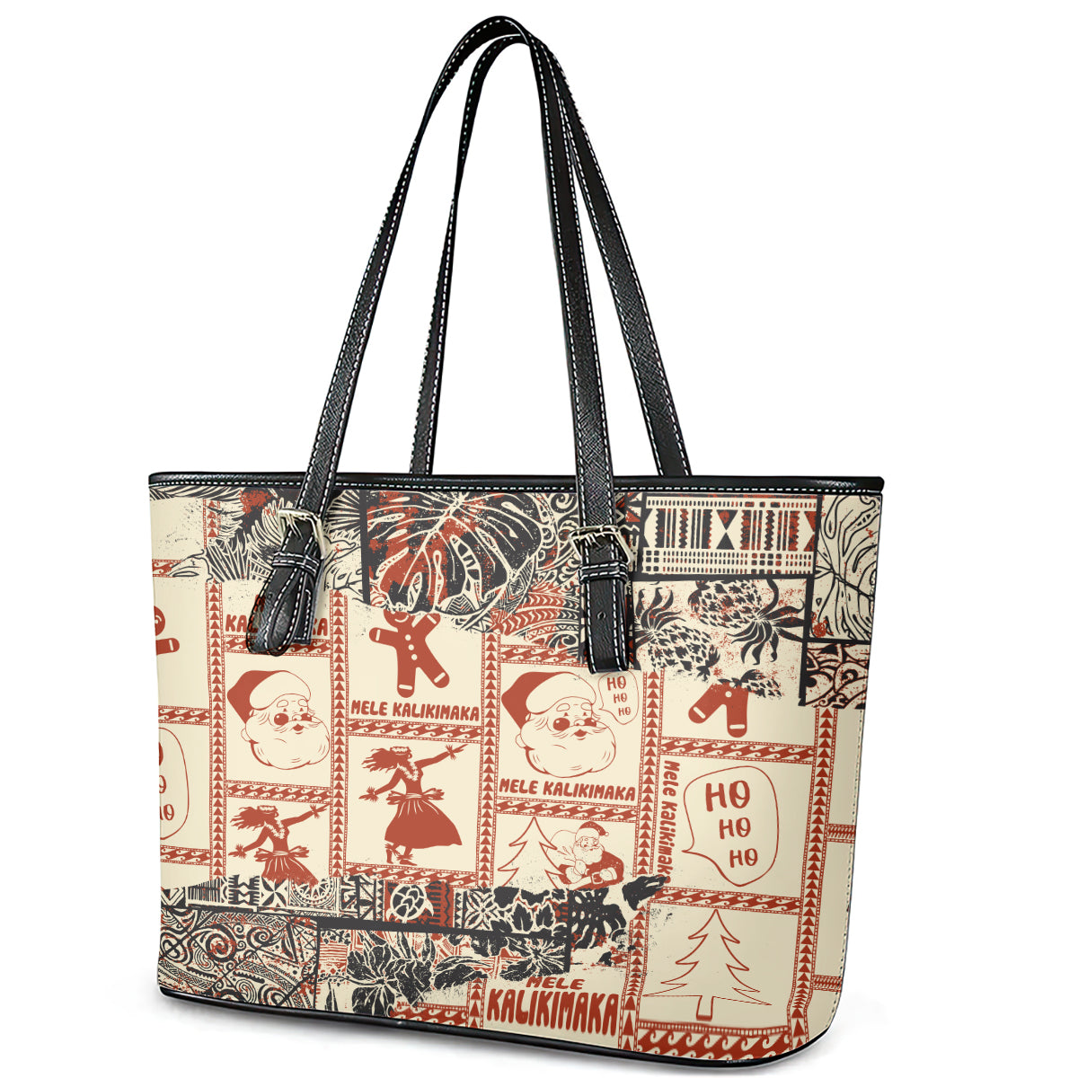 Aloha Hawaii Christmas Leather Tote Bag Mele Kalikimaka Tapa Tribal Retro Style LT9