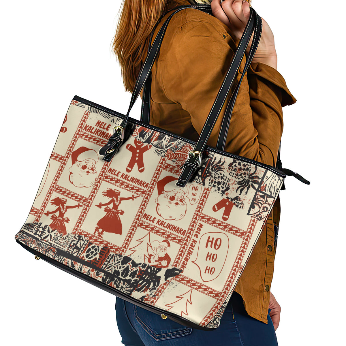 Aloha Hawaii Christmas Leather Tote Bag Mele Kalikimaka Tapa Tribal Retro Style LT9