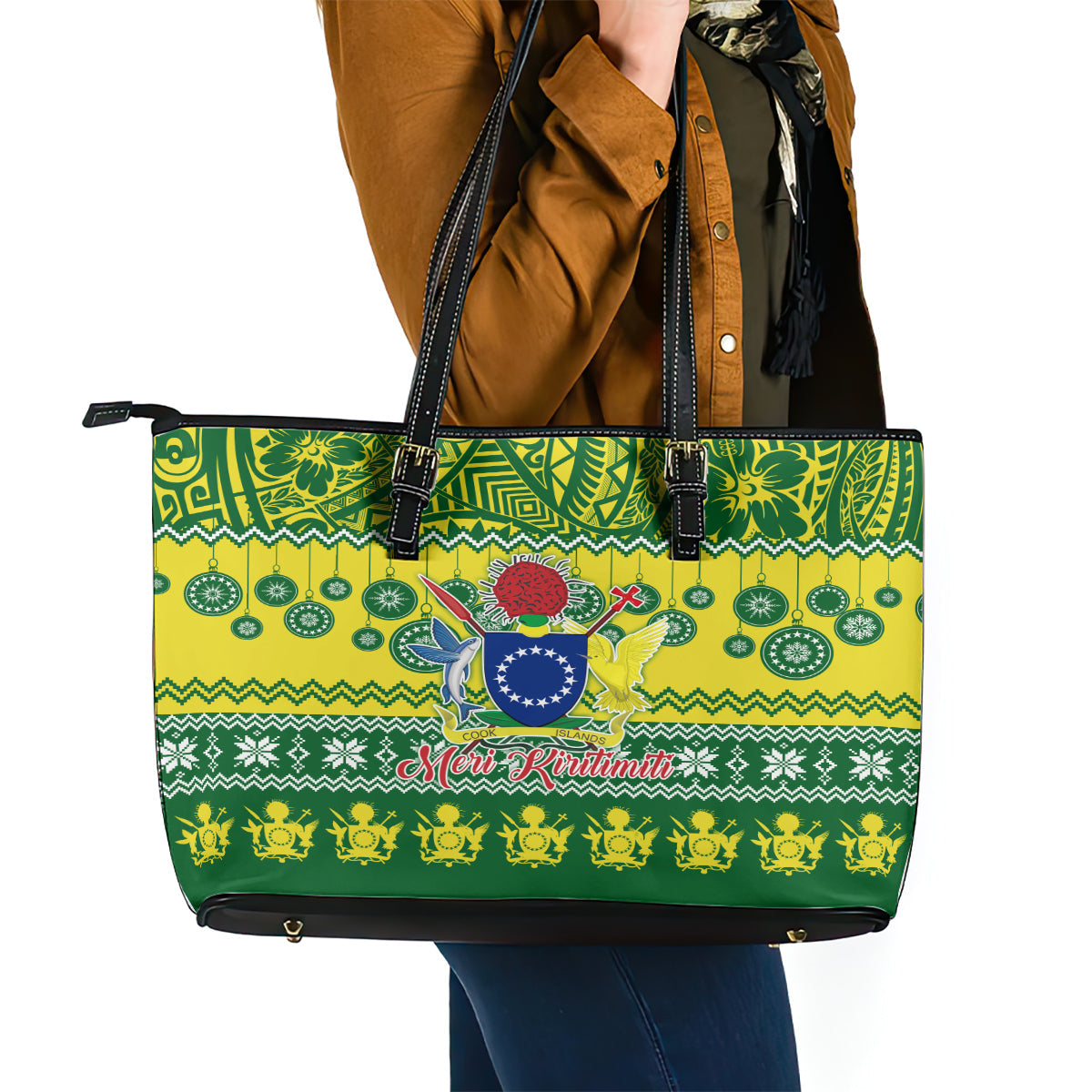 Cook Islands Christmas Leather Tote Bag Santa Beach Meri Kiritimiti LT9